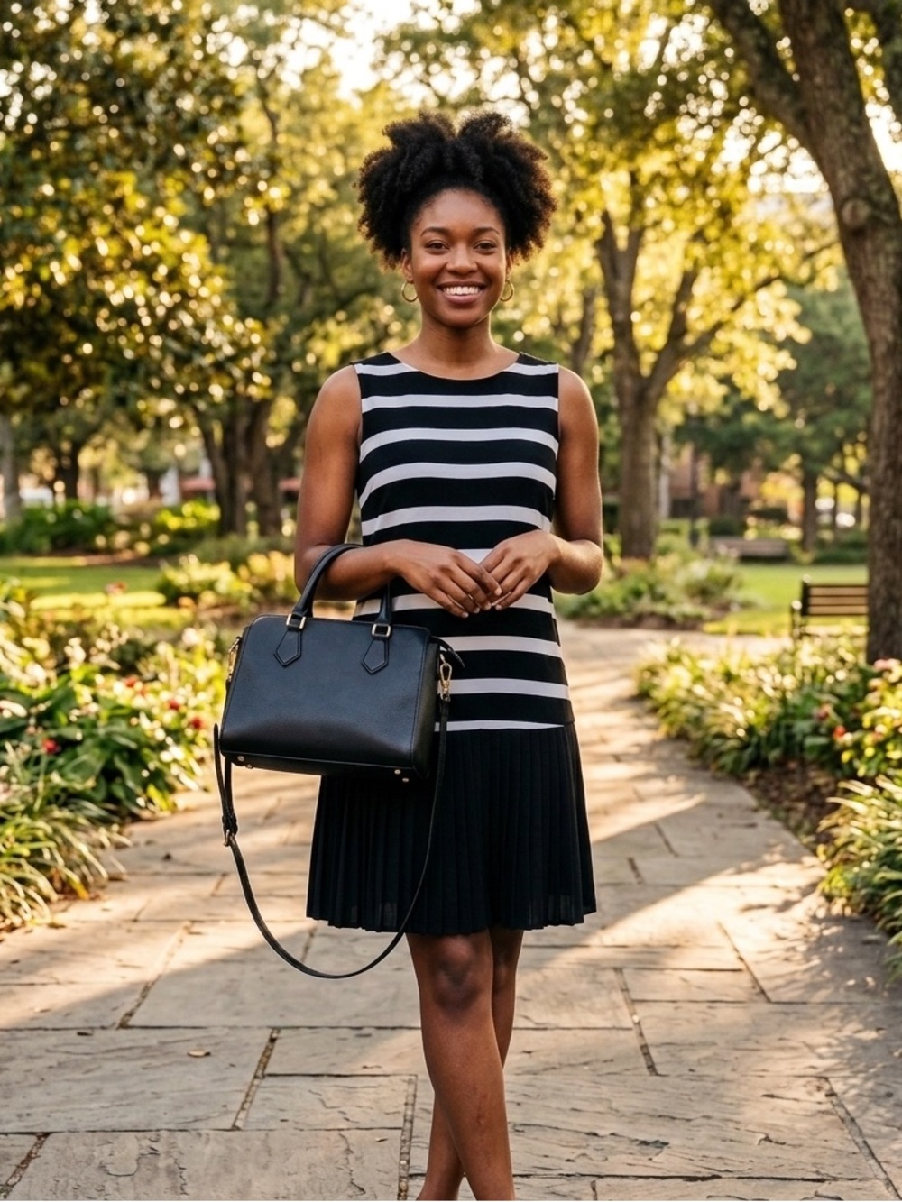 LMT: Black and White Horizontal Striped Soho Vintage Style Dress